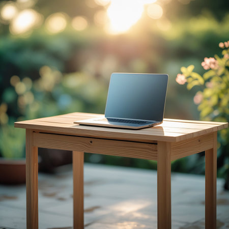 A laptop sits on a wooden table in a garden, illuminated by warm sunlight creating a soft, blurred background.の素材
