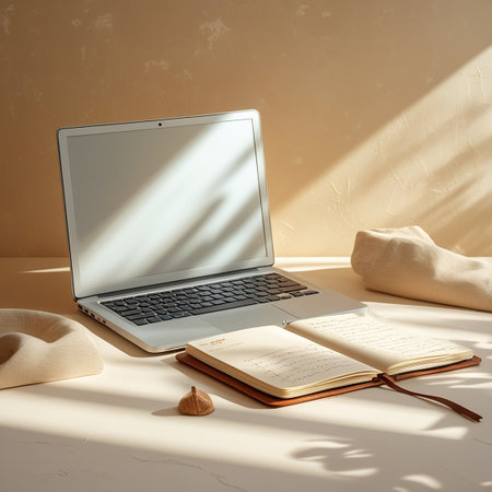An open notebook and a laptop are placed on a table, with soft sunlight casting dappled shadows. Clear details and vibrant colors enhance visual appeal.の素材