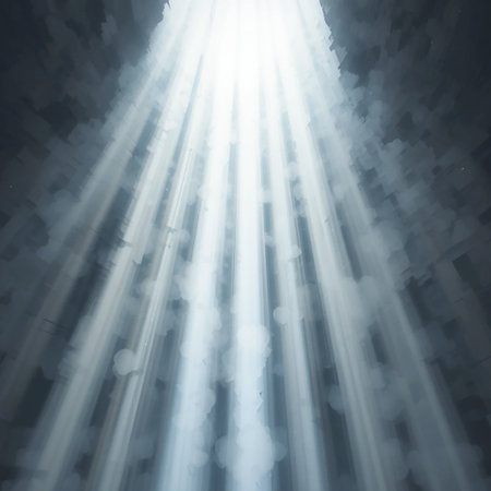 Ethereal light beams descend from above, cutting through smoky, dark atmosphere with a sense of mystery and wonder.の素材