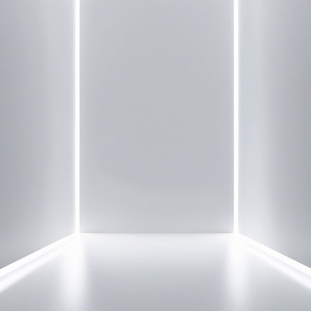A bright white studio interior featuring glowing light lines on the walls and floor, creating a modern and minimalist atmosphere.の素材