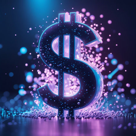 A three-dimensional dollar sign is depicted with a dark surface, illuminated by vibrant blue and purple light effects and surrounded by scattered luminous particles.の素材