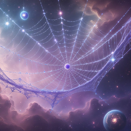 A delicate cosmic spiderweb adorned with glowing beads stretches across a nebula filled with stars and planets.の素材