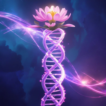 A vibrant pink lotus flower rests atop a glowing purple DNA double helix, surrounded by streaks of light, symbolizing life and genetic science.の素材