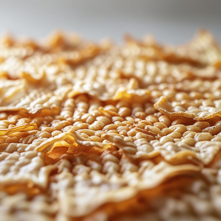 A close-up macro view of a golden-brown fried pastry with a distinct, intricate, and layered texture.の素材