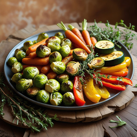 A gray plate showcasing a colorful assortment of roasted vegetables including carrots, Brussels sprouts, bell peppers, and grilled zucchini, seasoned with herbs.の素材