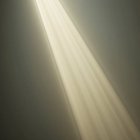 Diagonal beams of soft, diffused light shine down, illuminating dust particles in the air against a dark, textured surface.の素材