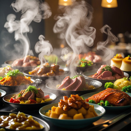 A diverse buffet of hot food, featuring meats, fish, and vegetables, with prominent steam rising from the dishes.の素材