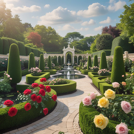 An elaborate formal garden with conical topiaries, rose beds, and fountains, bathed in sunlight. Clear details and vibrant colors enhance visual appeal.の素材