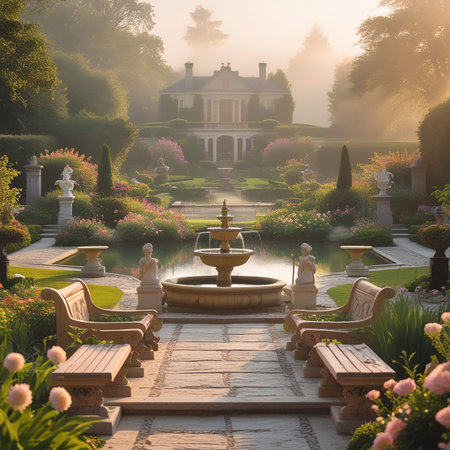 A grand estate garden with a central fountain, sculptures, and manicured hedges bathed in soft morning mist and sunlight.の素材