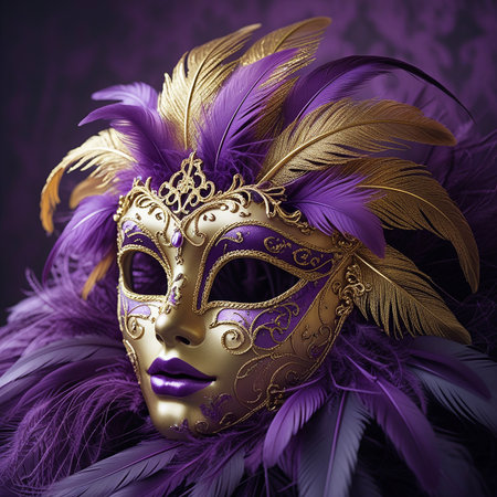 A stunning gold and purple masquerade mask showcasing intricate golden patterns and a profusion of soft, colorful feathers.の素材