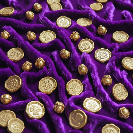 Coins showing scattered gold coins and beads on purple velvet. High resolution image suitable for commercial use.の素材