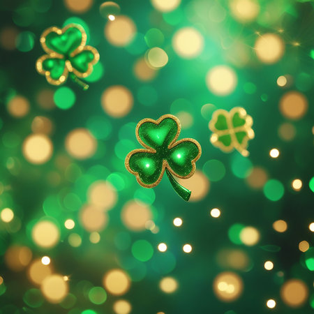 Three sparkling green shamrocks with golden glitter are scattered against a blurred background of green and gold bokeh lights.の素材