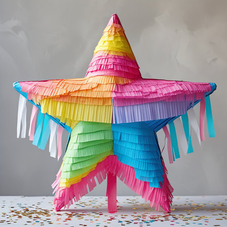A vibrant, multi-colored star-shaped pinata with fringed paper streamers and confetti scattered around its base.の素材