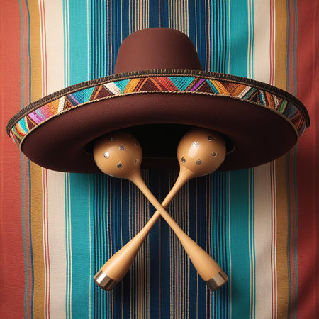 A brown sombrero with a colorful geometric diamond pattern trim is positioned above two crossed wooden maracas with silver accents on a striped fabric.の素材