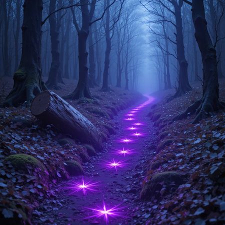 An enchanted forest path is lit by glowing purple stars, with a fallen log on the side, under a misty twilight sky.の素材
