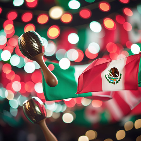 Two maracas and a Mexican flag are depicted against a soft bokeh background of red and green lights, evoking a celebratory mood.の素材