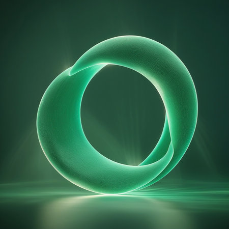 A textured green Mobius strip shape emits a radiant glow, with light rays and sparkling particles against a dark, atmospheric background.の素材