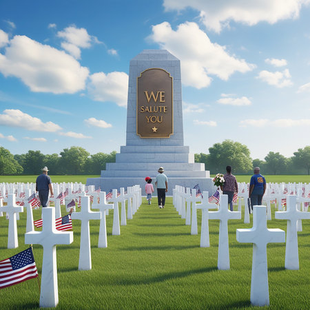 A family walks through a military cemetery with white cross headstones and American flags towards a large memorial monument.の素材