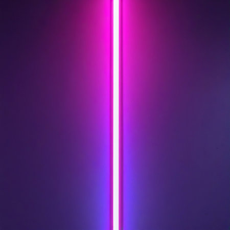 A bright vertical pink neon light line glows against a smooth purple gradient background. Clear details and vibrant colors enhance visual appeal.の素材