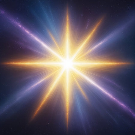 This image captures a breathtaking view of a radiant starburst set against the backdrop of a cosmic night sky. The central star emits brilliant beams of light that spread outwards in all directions, creating a stunning display of luminosity. The surrounding space is filled with a deep, dark blue hue, speckled with distant stars and galaxies, adding to the celestial beauty of the scene.の素材