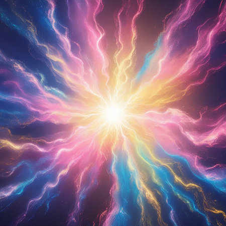 This image depicts a vibrant and dynamic burst of energy radiating from a central point. The burst is characterized by swirling patterns of light in various colors, including shades of blue, purple, pink, and yellow. The energy streams outward in symmetrical, wavy lines, creating a sense of motion and intensity. The overall effect is one of cosmic beauty and powerful energy release.の素材