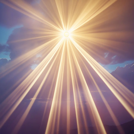 This image captures a breathtaking view of the sun's rays spreading out across the sky. The sun is positioned at the center, with its bright light radiating in all directions, creating a stunning pattern of light and shadow. The sky is painted in hues of blue and purple, adding a dramatic backdrop to the scene. The rays of sunlight create a sense of warmth and tranquility, making it a serene and captivating image.の素材