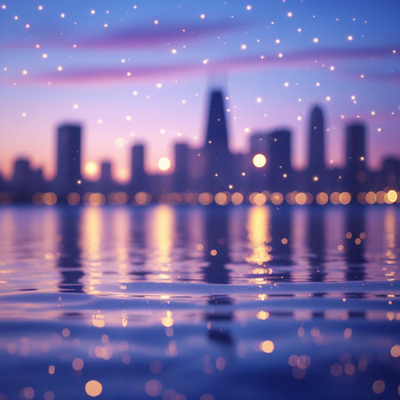 A serene cityscape at dusk is beautifully reflected in calm waters, creating a mesmerizing mirror image. The sky is painted with hues of purple and blue, while the city lights add a warm glow to the scene. Bokeh lights and a soft focus enhance the tranquil ambiance.の素材