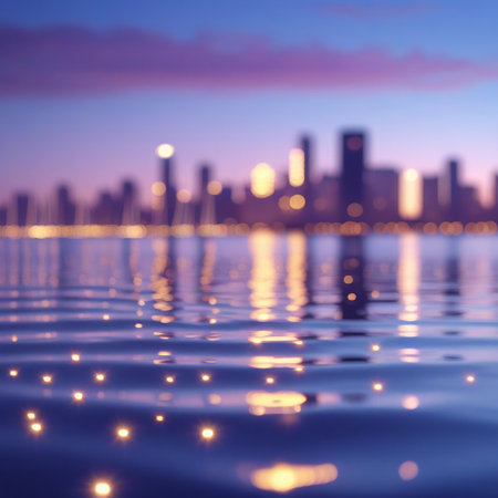 This image captures a serene cityscape at twilight, where the city skyline is beautifully reflected in calm water. The buildings are illuminated with warm lights, creating a picturesque and tranquil scene. The sky transitions from deep blue to purple hues, adding to the overall calm and peaceful atmosphere.の素材