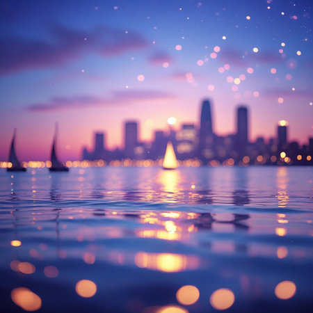 A serene cityscape at dusk, with the skyline reflected in the calm waters of a lake. Sailboats gently float on the water, and the sky is painted with hues of pink and purple. Sparkling lights from the city and the water create a magical ambiance.の素材