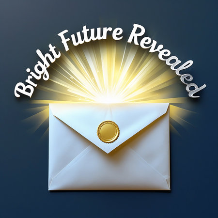 The image features an envelope with a golden seal, positioned centrally against a dark background. Above the envelope, the phrase 'Bright Future Revealed' is written in a glowing, white, cursive font. The envelope appears to be opening, emitting a bright light that radiates outward, symbolizing hope, revelation, and a promising future.の素材