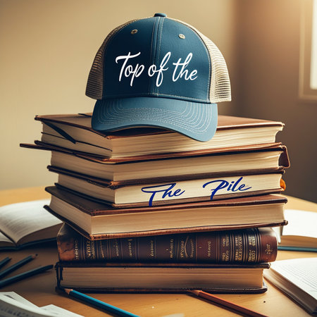 A blue baseball cap with the phrase 'Top of the' on the front sits atop a stack of books on a wooden desk. The stack of books has the phrase 'The Pile' written on the side. The desk is cluttered with various stationery items, including pens and pencils.の素材