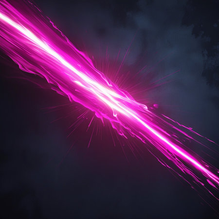 This image captures a dynamic scene featuring a powerful pink laser beam cutting through the darkness. The laser emits a bright, concentrated light that spreads outwards in a mesmerizing pattern, creating a stunning visual effect. The beam is surrounded by a faint, ethereal glow, adding to the overall intensity and allure of the image.の素材