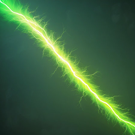 This image captures a vivid green lightning strike against a dark background. The lightning bolt is detailed with intricate branches extending from its central path, creating a mesmerizing display of natural electricity. The bright green hue adds a unique and striking visual element to the scene.の素材