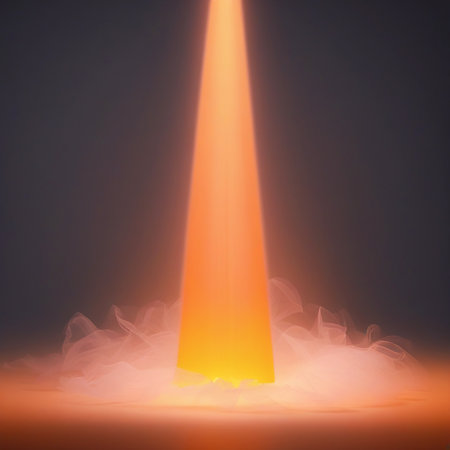 The image depicts a tall, illuminated cone standing prominently in a dark environment. The cone emits a warm, orange glow, contrasting sharply with the surrounding darkness. At the base of the cone, a faint mist or fog adds to the ethereal atmosphere, creating a sense of mystery and intrigue.の素材