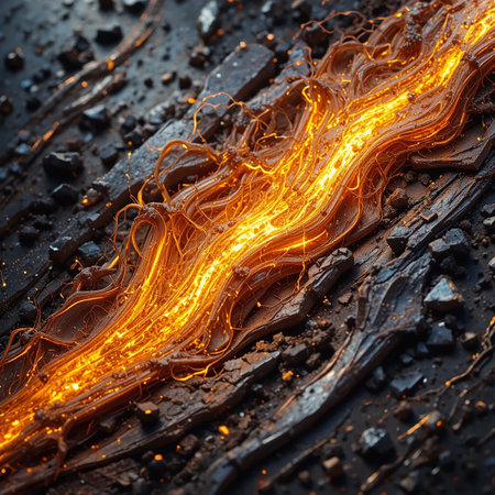 This image captures a close-up view of a lava flow on a charred ground. The lava appears to be in motion, creating intricate patterns as it flows over the rough, blackened surface. The bright orange and yellow hues of the lava contrast sharply with the dark, ashy background, highlighting the raw power and beauty of volcanic activity.の素材