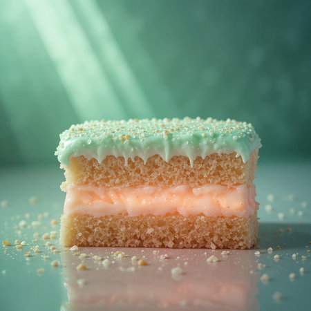 A close-up image of a delectable layered cake with a pastel-colored frosting on top. The cake features multiple layers of soft sponge cake separated by a creamy filling. The frosting is light green and adorned with white sprinkles, adding a touch of elegance. The cake is placed on a reflective surface with scattered sprinkles around it, enhancing the overall aesthetic.の素材