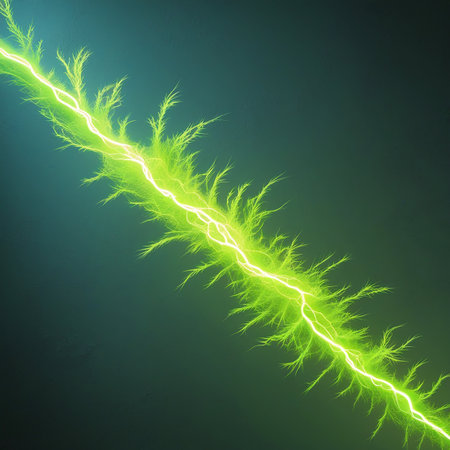 A vivid image of a green lightning bolt striking against a dark background. The lightning is detailed with intricate branches and a bright, glowing center, creating a dramatic and electrifying scene.の素材
