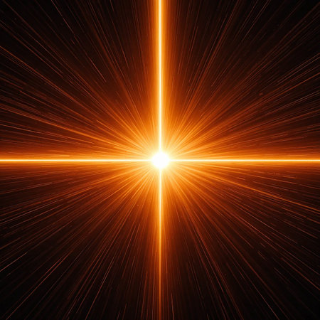 This image depicts a radiant sunburst with bright orange and yellow rays emanating from a central point, set against a dark background. The rays are thin and extend outward in all directions, creating a symmetrical pattern. The image conveys a sense of energy, warmth, and light piercing through darkness.の素材