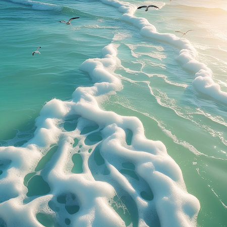 This image captures the serene beauty of waves gently rolling onto a sandy beach. The waves are adorned with white, frothy seafoam, creating a picturesque scene. In the background, a few birds can be seen flying near the shoreline, adding a sense of tranquility and freedom to the scene. The clear, turquoise water contrasts beautifully with the light-colored sand, making it a perfect representation of a peaceful coastal environment.の素材