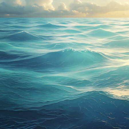 The image captures a serene view of the ocean at sunset. The waves gently roll towards the shore, reflecting the warm hues of the setting sun. The sky is painted with soft clouds, adding to the tranquil atmosphere. The water appears in various shades of blue and turquoise, creating a mesmerizing effect.の素材