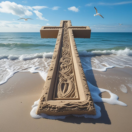 A beautifully detailed sand cross stands prominently on a sandy beach, with the ocean waves gently lapping at its base. The cross features elaborate carvings and designs, capturing the essence of artistry and spirituality. Seagulls soar in the background, adding to the serene coastal atmosphere.の素材