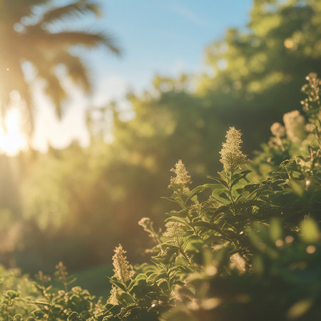 A vibrant image showcasing a cluster of delicate flowers bathed in warm sunlight. The flowers stand out against a backdrop of lush green foliage, creating a serene and picturesque scene. The sunlight filters through the leaves, casting a gentle glow on the petals and enhancing the natural beauty of the garden.の素材