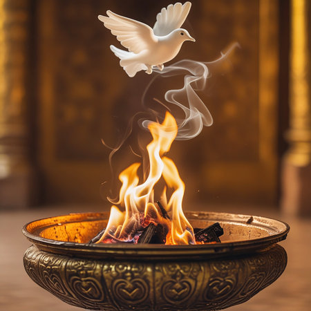 A white dove is depicted in mid-flight above a burning incense bowl. The incense smoke swirls upwards, creating a serene and spiritual atmosphere. The bowl is ornate and sits on a wooden surface, with a warm, golden background enhancing the tranquil ambiance.の素材