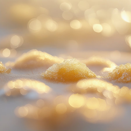 A close-up photograph capturing the beauty of golden bokeh effects. The image showcases a soft, blurred background adorned with numerous golden circles of light, creating a warm and inviting atmosphere. The focus is on the delicate, glowing orbs that scatter across the frame, evoking a sense of tranquility and elegance.の素材