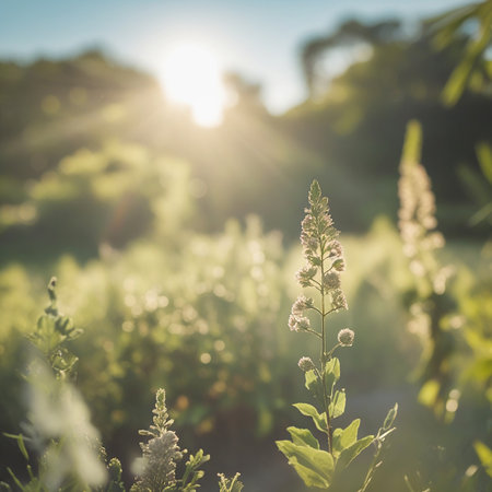 A single wildflower stands tall amidst a lush meadow, bathed in the warm glow of the setting sun. The sunlight filters through the surrounding foliage, creating a soft, ethereal atmosphere. The scene is peaceful and evokes a sense of tranquility and natural beauty.の素材