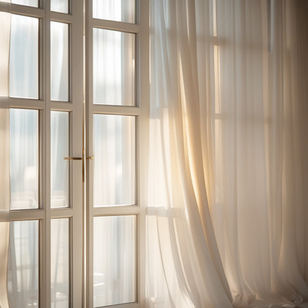 The image captures a serene indoor scene featuring a large window with sheer white curtains. The curtains are gently swaying, allowing soft, diffused sunlight to filter into the room. The window is divided into multiple panes, and the sunlight creates a warm, inviting atmosphere. The overall ambiance is calm and peaceful, evoking a sense of tranquility.の素材