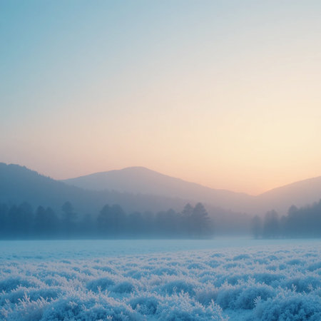 A serene landscape captures the essence of a frosty morning in a mountain valley. The ground is covered in a delicate layer of frost, giving the meadow a sparkling appearance. Mist gently hovers over the field, adding a sense of tranquility. In the background, rolling hills and mountains are softly illuminated by the soft glow of dawn, creating a peaceful and picturesque scene.の素材