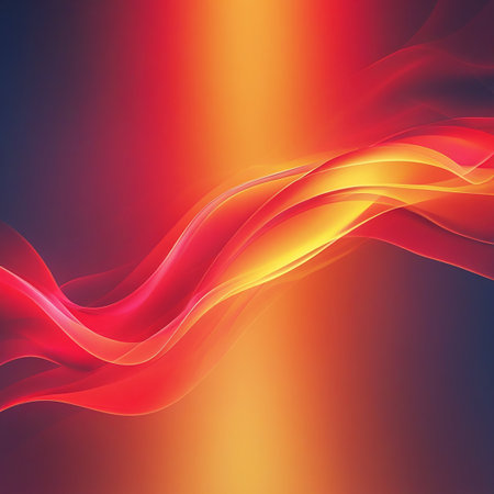 This image features a dynamic and colorful abstract composition. It showcases fluid, wavy patterns in shades of red, orange, yellow, and blue, creating a sense of movement and energy. The smooth transitions between colors evoke a feeling of warmth and intensity.の素材