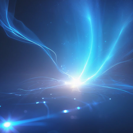 This image captures a mesmerizing burst of radiant blue energy emanating from a central point. The energy forms intricate, flowing patterns that spread outwards, creating a sense of dynamic movement and vitality. The deep blue hues and luminous trails evoke a futuristic and otherworldly atmosphere, suggesting themes of technology, innovation, and the boundless potential of energy.の素材