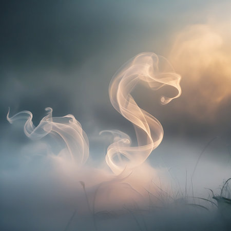 The image captures a serene and mystical scene featuring ethereal misty swirls dancing in a foggy landscape. The soft, wispy tendrils of smoke or mist create an enchanting atmosphere, with the light source casting a gentle glow, adding to the dreamlike quality. The scene evokes a sense of calm and mystery, perfect for evoking feelings of tranquility and introspection.の素材